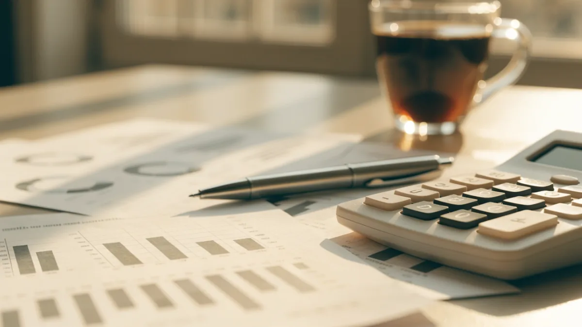 A calculator, pen and financial charts on a desk