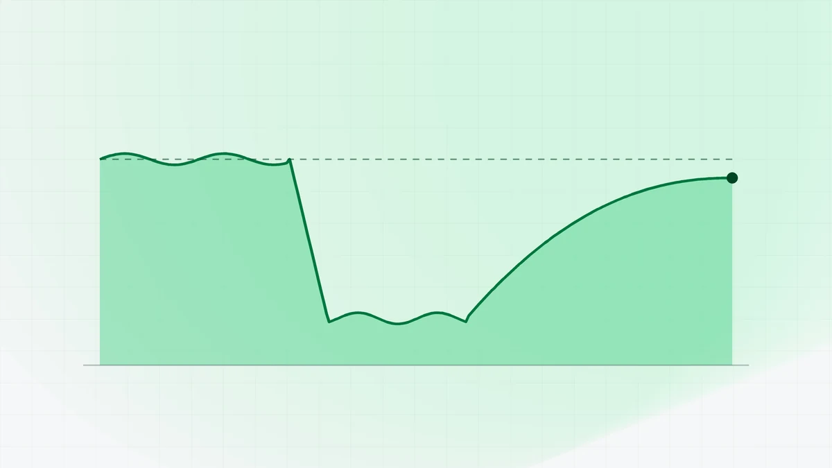 Abstract illustration in the 121 Brokers green palette showing a revenue line that dips sharply, runs low for a stretch and climbs back towards its earlier level