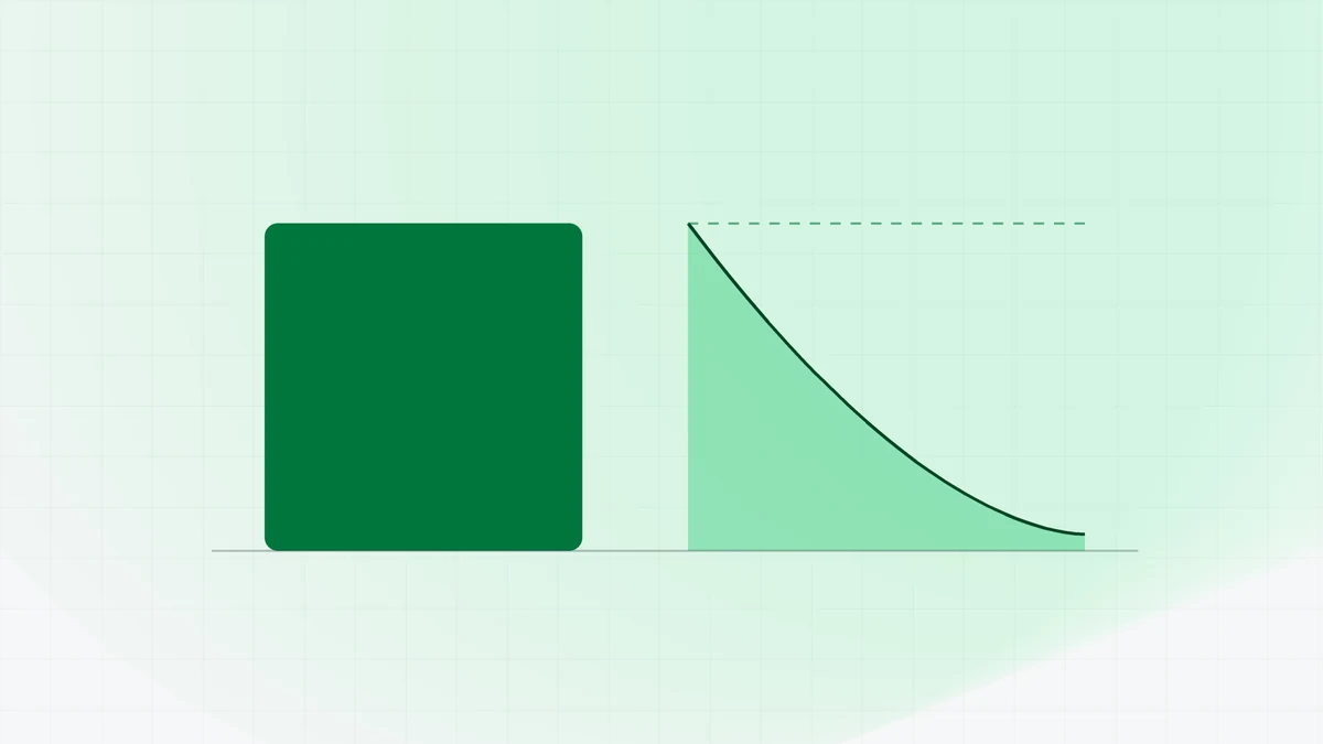 Abstract illustration showing a solid block of fixed cost beside a curve that falls away, contrasting a fixed charge with a reducing balance