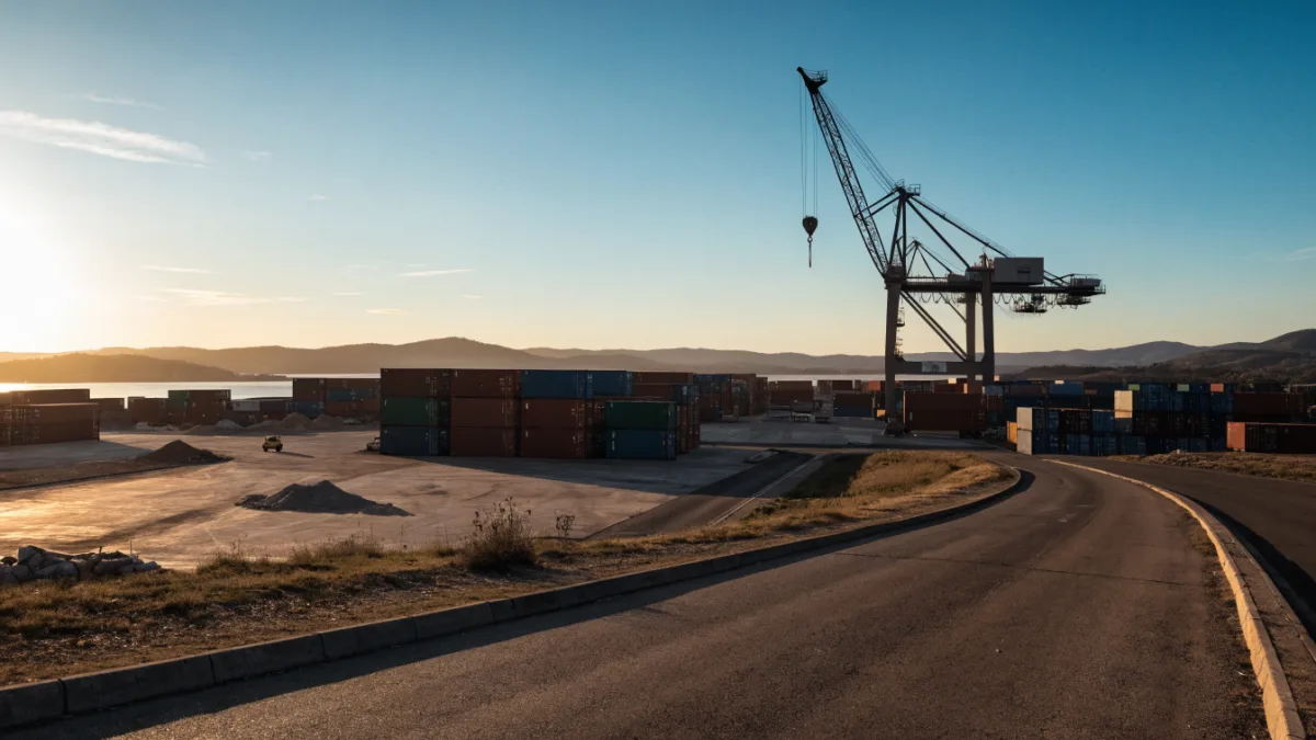 An Australian shipping port with stacked containers at golden hour
