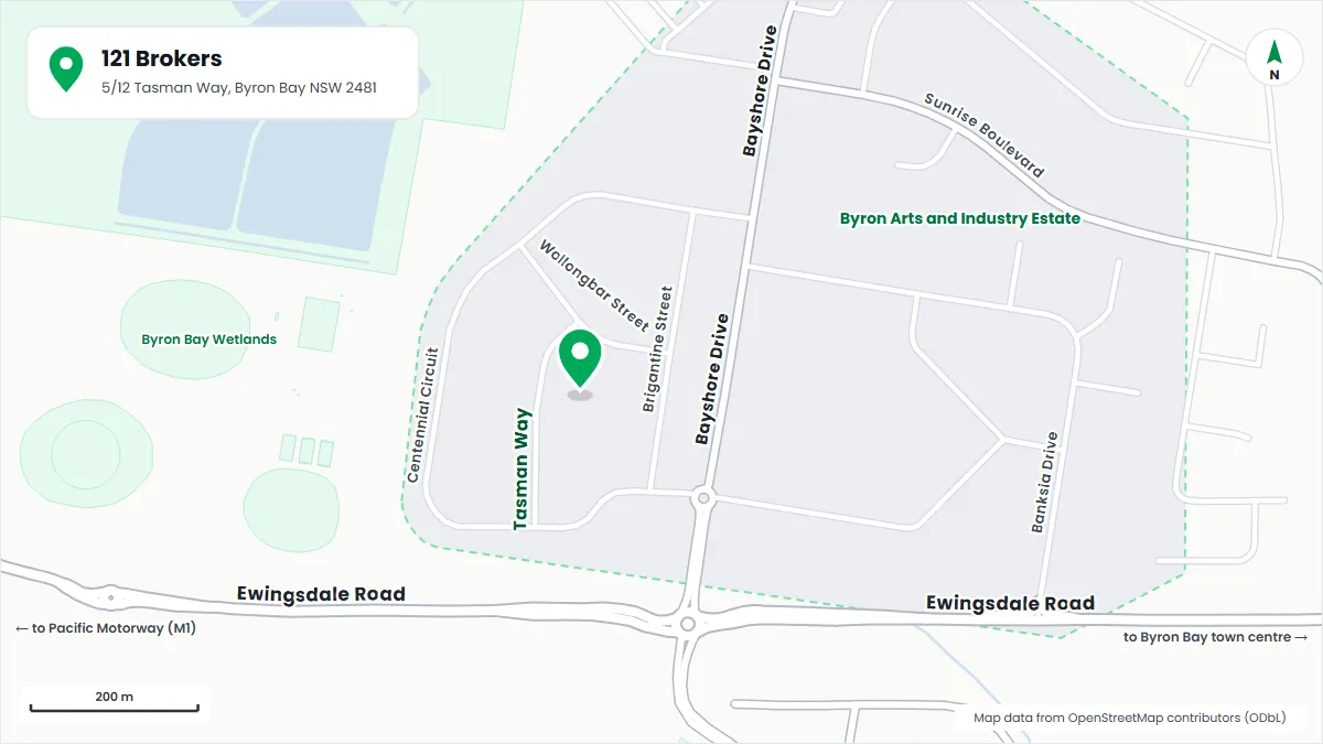 Map showing the 121 Brokers office at 5/12 Tasman Way in the Byron Bay Arts and Industry Estate