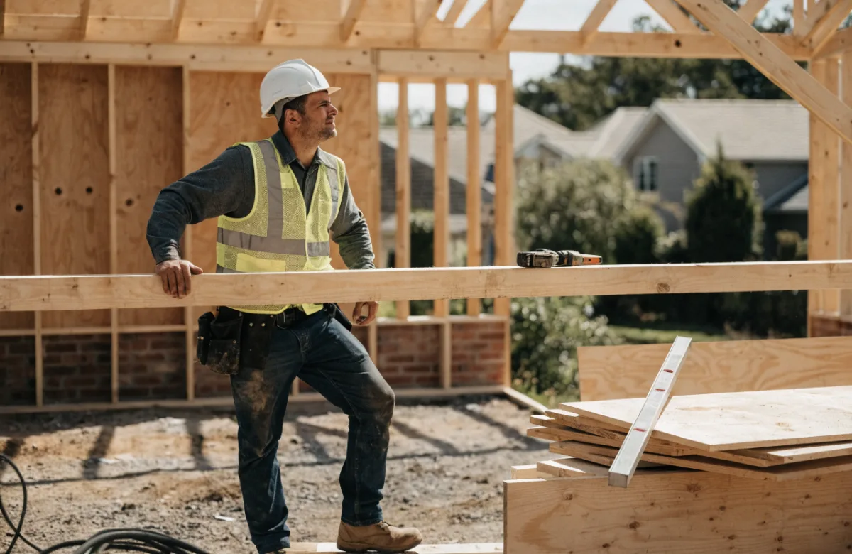 Tradesperson in hi-vis and a hard hat on a residential construction site
