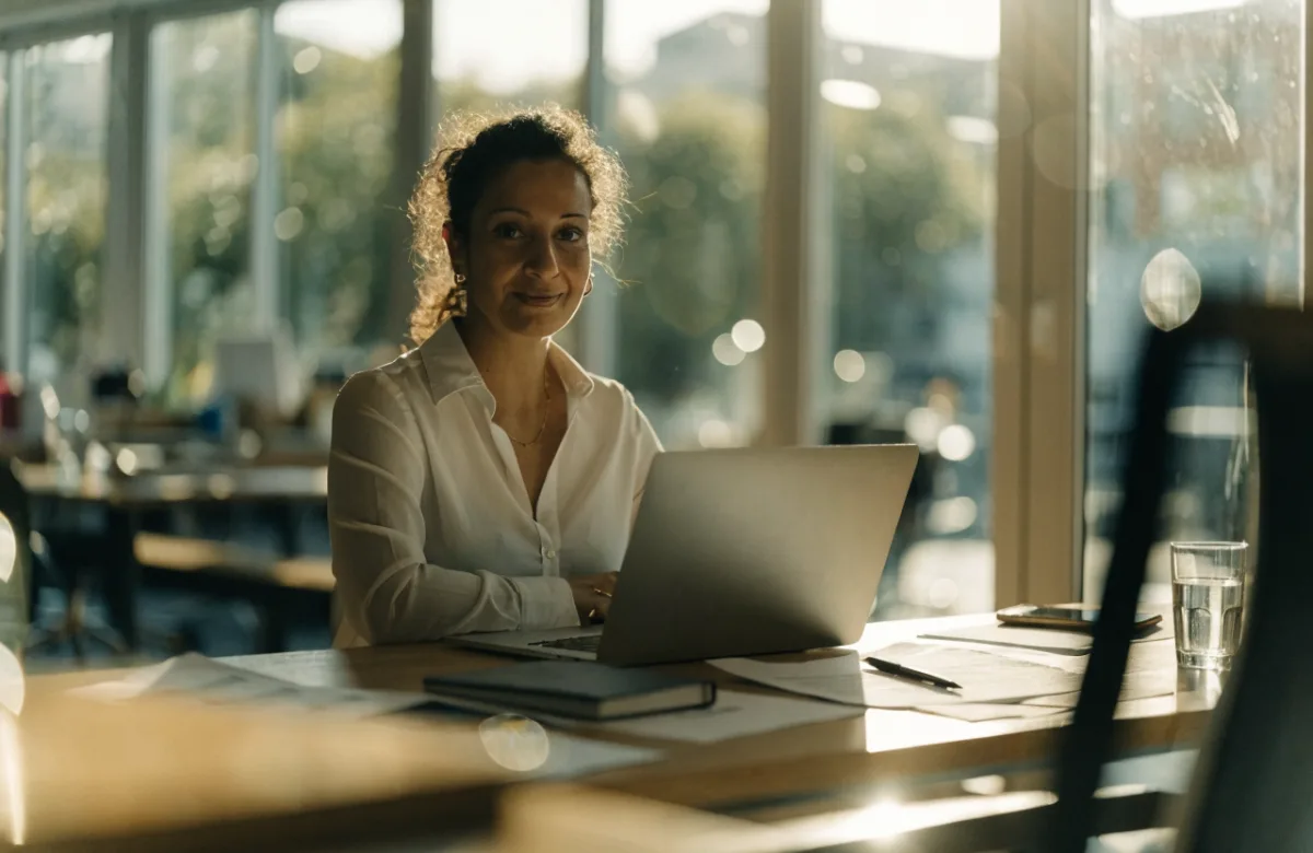 Professional services business owner at a desk in a modern office