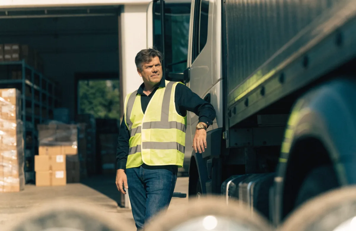 Transport business owner in hi-vis beside a delivery truck at a loading dock