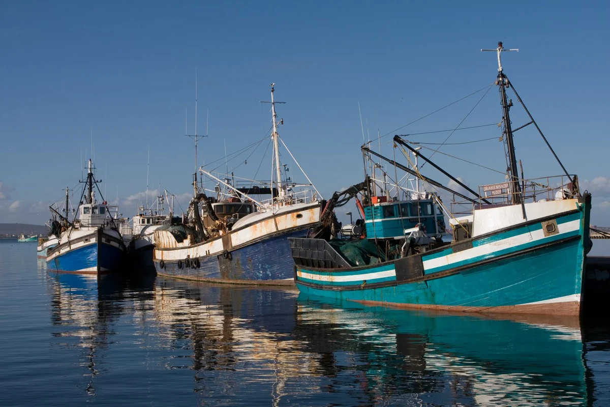 Fishing trawlers moored at a wharf under a clear sky