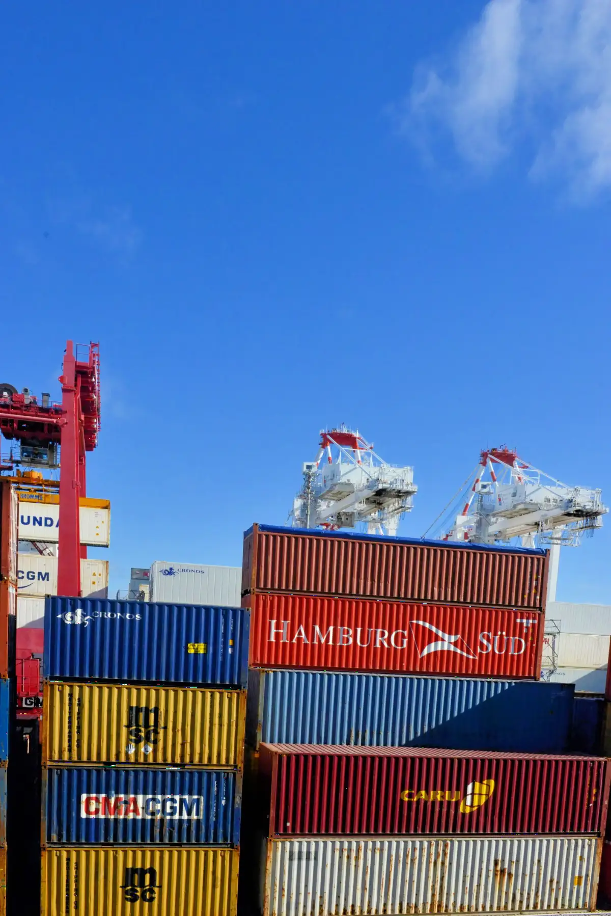 Stacked shipping containers at a port