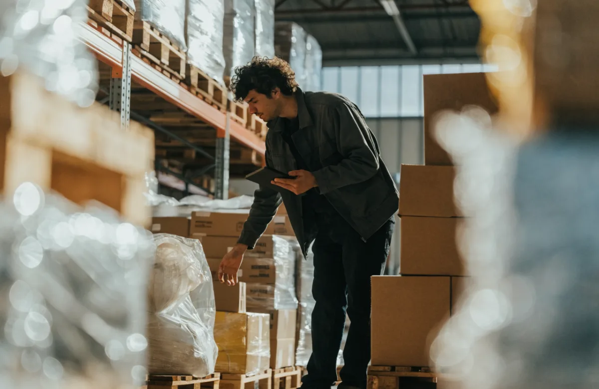 Warehouse worker checking imported stock on pallets